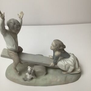 Lladro Porcelain Figurine Children Playing on Seesaw with Dog Handmade in Spain